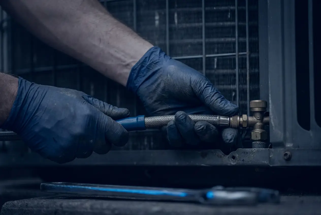Gloved hands connecting a gauge line to an outdoor air-conditioning unit.